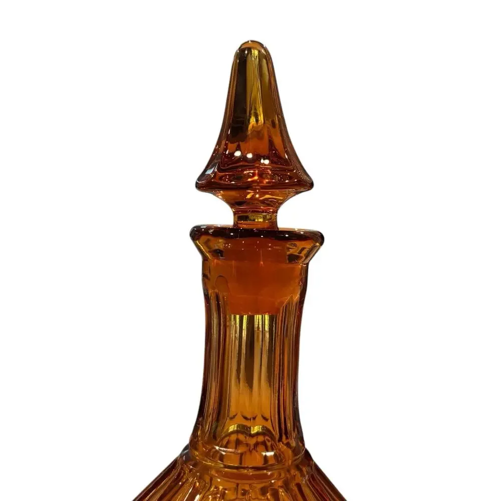 Vintage Empoli Italy Wide Panel Ribbed Glass Decanter & Stopper Amber*